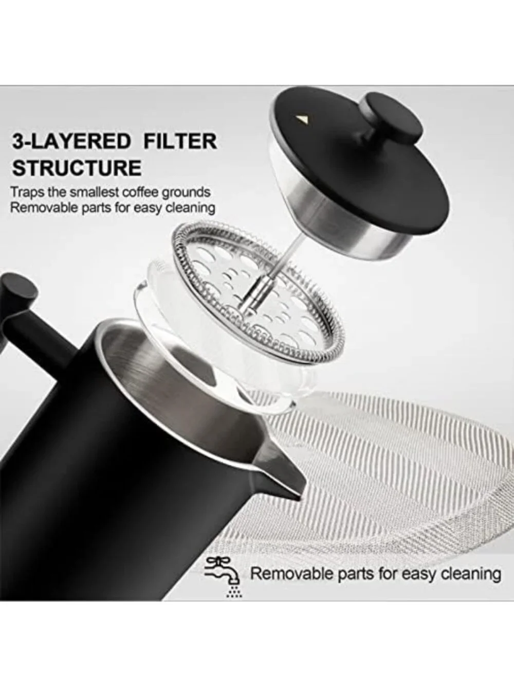 Insulated French Press Coffee Maker - 34oz Stainless Steel, 2 Extra Screens